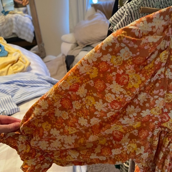 Free People Orange Floral Puff Sleeve Dress - Picture 5 of 6